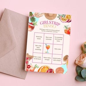 Carte de bingo rose orange modifiable pour filles, jeu de fête d'été, cocktail, anniversaire au soleil, toile mobile personnalisée, unique, enterrement de vie de jeune fille glamour