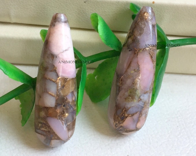 Excellent Pink Opal Copper Mix Pair Gemstone 10x30mm Beautiful Pink Opal Copper Drops Shape Earring Pair For Jewelry Making