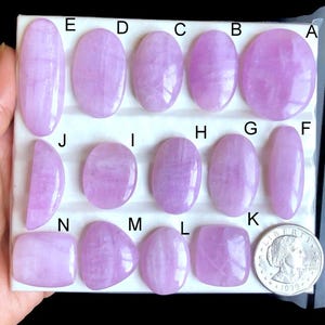 May include: A collection of polished, lavender-colored gemstones in various shapes, including oval, round, and rectangular. A US quarter is included for size reference. The gemstones are arranged on a white surface.