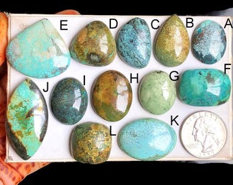 Op de afbeelding: Twaalf turquoise cabochons in verschillende vormen en maten, gelabeld van A tot en met L, worden getoond op een wit oppervlak. Een Nederlandse euro munt is opgenomen voor schaal.