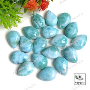 Larimar 10 x 14 mm peer cabochon, 100% natuurlijke gekalibreerde larimar platte achterkant 10 stuks losse edelsteen voor het maken van sieraden, larimar-ketting