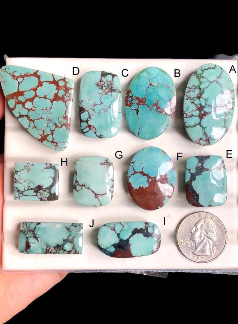 May include: A collection of ten turquoise gemstones with brown matrix patterns, each cut into different shapes. The stones vary in size and include oval, rectangular, and freeform shapes. A US quarter is included for size reference.