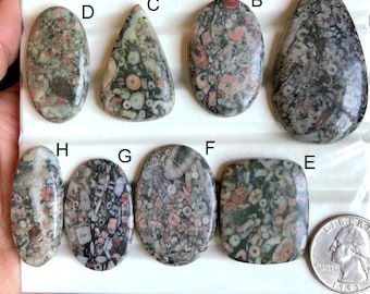May include: Assortment of polished gemstones in various shapes, including oval, teardrop, and square. The stones display a mix of colors, including gray, pink, and green, with unique patterns. A U.S. quarter is included for size reference.