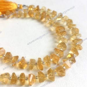 Könnte beinhalten: Eine Kette aus goldenen Citrin-Edelsteinen mit einem Quastenanhänger. Die Perlen sind facettiert und haben eine warme, honigartige Farbe. Die Kette ist auf silbernem Draht aufgefädelt.