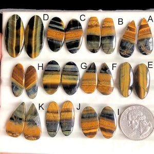 Paires de boucles d'oreilles oeil de tigre sélectionnées, Pierre semi-précieuse naturelle pour la fabrication de bijoux, Cristal curatif oeil de tigre LOT-384