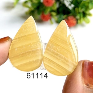 Paires de boucles d'oreilles cabochon en aragonite jaune, Paires de pierres précieuses d'aragonite naturelle, Bijoux de boucles d'oreilles faits main en aragonite, Paires de dentelle jaune en agate