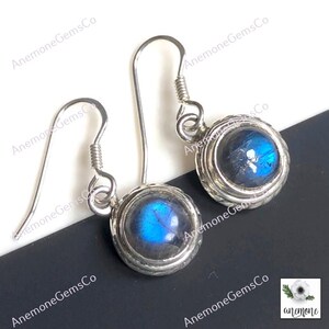 Labradorit Edelstein Ohrring, 925 Sterling Silber Alltag tragen Ohrring, handgemachter Schmuck, Blue Fire Labradorit runde Form Ohrringe Schmuck