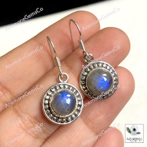 Labradorit Edelstein Ohrring, 925 Sterling Silber Ohrring, ethnischer Schmuck, Blue Fire Labradorit runde Form Ohrringe Schmuck