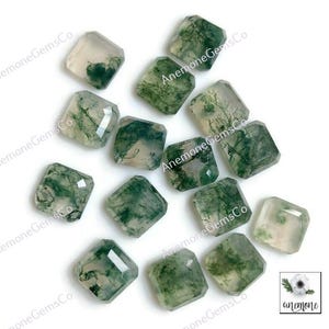 Op de afbeelding: Een verzameling van 14 groene mosagaat-cabochons, gesneden in vierkante vormen. De stenen hebben een doorschijnende, melkachtig witte basis met groene, mosachtige insluitsels.