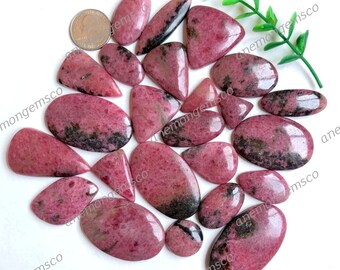 Puede incluir: Una colección de 16 cabujones de piedras preciosas rosas y negras. Las piedras son de varias formas y tamaños, con un acabado pulido y liso.