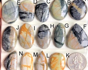 May include: A collection of polished gemstone cabochons in various shapes, including oval, teardrop, and rectangular. The stones display a range of colors, such as gray, cream, and orange, with unique veining patterns. A quarter coin is included for size reference.