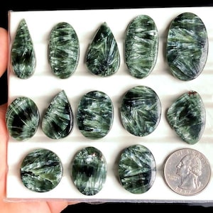 May include: A collection of polished seraphinite gemstones in various shapes, including teardrop, oval, and round. The stones display a distinctive dark green color with silvery, feathery inclusions. A US quarter is included for size reference.