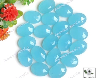 Pierres précieuses de forme ovale de calcédoine aquatique, lot de 10 pierres précieuses en vrac calibrées à dos plat de 10 x 14 mm pour bijoux, collier de calcédoine