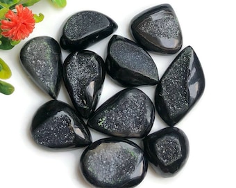 Black Window Druzy Cabochon, 17-30mm Approx, 10 Pcs Lot Use For Bracelet Making, Handmade Jewelry, Healing Crystal 59934