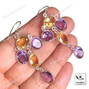 Orecchini con citrino e ametista, orecchini unici in argento sterling 925, gioielli fatti a mano, orecchini con pietra portafortuna di febbraio e novembre