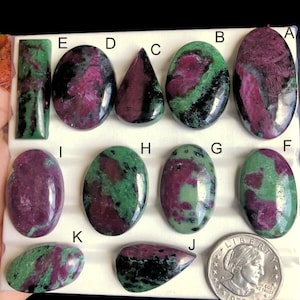 May include: A selection of polished ruby in zoisite gemstones in diverse forms, such as oval, teardrop, and rectangular. The stones showcase a blend of deep red, green, and black hues. A 1979 quarter is included for size comparison.
