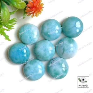 Larimar cabochon, 100% natuurlijke larimar, ca. 13 mm, ronde vorm 8 stuks zoals op afbeelding edelstenen platte achterkant, designer Sky Larimar 62478