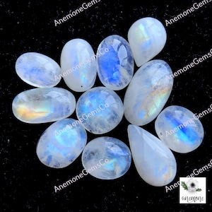 Cabochon di pietra di luna arcobaleno, 15-31 mm circa, forma mista, 11 pezzi, uguale all'immagine, pietra di luna blu fuoco, uso per la creazione di gioielli 63332