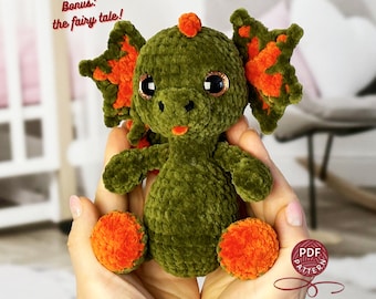 Crochet pattern Green Dragon. Amigurumi  dragon. Easy crochet pattern plus fairy tale.  DIY crochet Instructions PDF.