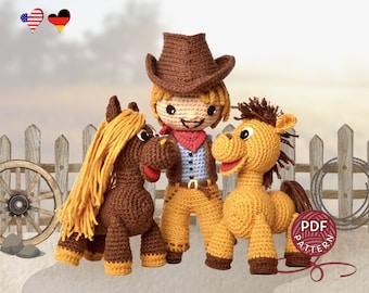 Crochet pattern. Amigurumi toys: Cowboy and  Little Horses. DIY crochet tutorial PDF. Bonus- the tale of Young Cowboy and his little horse.