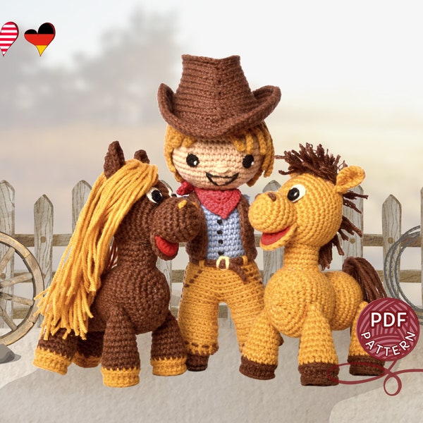 Modèle au crochet. Jouets amigurumi : cow-boy et petits chevaux. Tutoriel de crochet DIY en PDF. Bonus : l'histoire du jeune cow-boy et de son petit cheval.