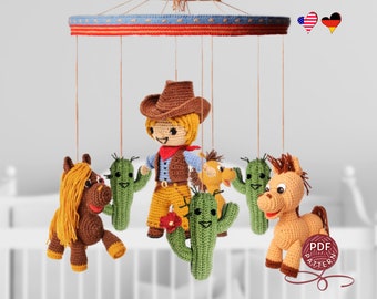 Crochet pattern. Amigurumi  crib mobile. Crib mobile In cowboy style. DIY crochet tutorial PDF.