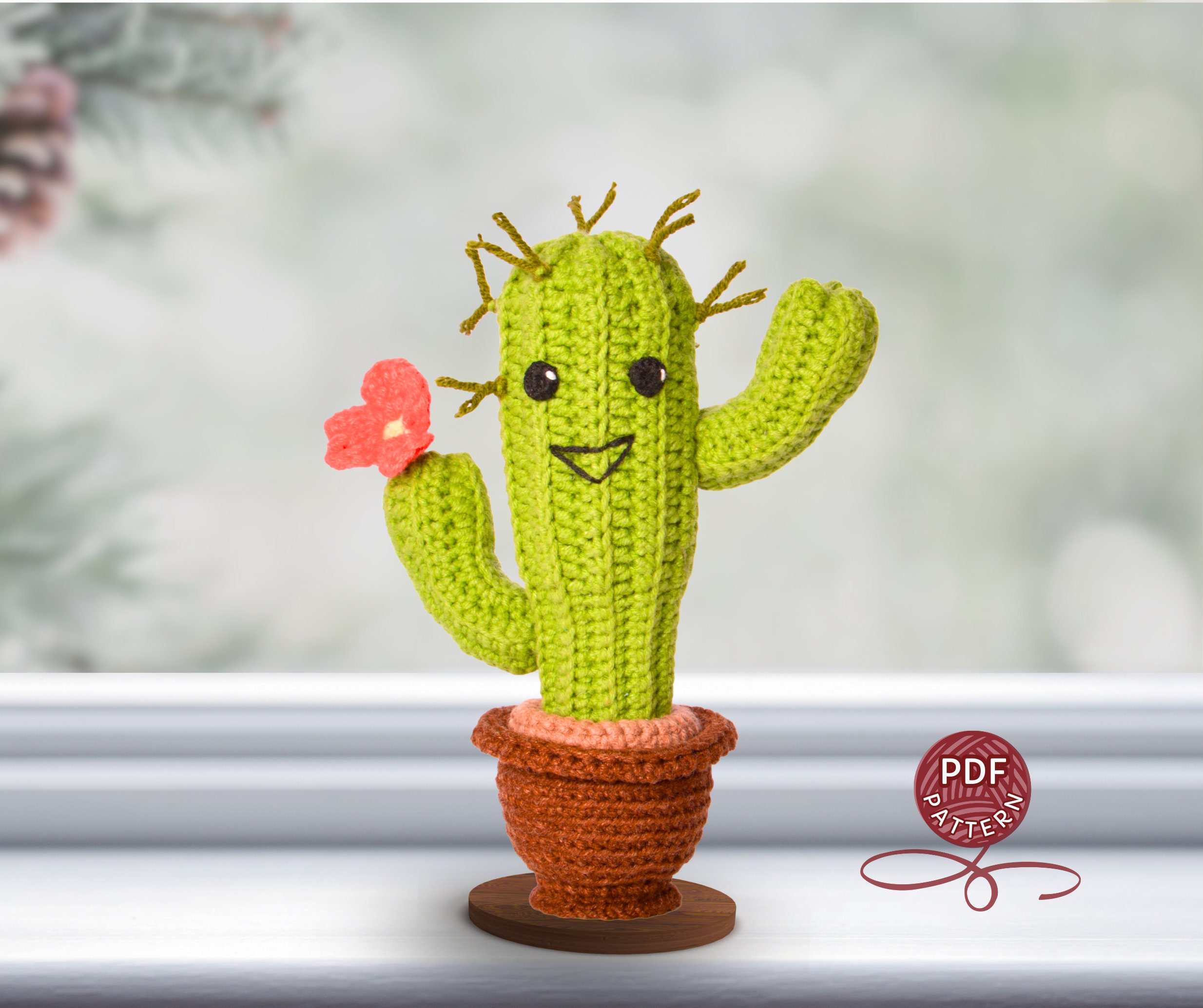 かぎ針編みのパターン。あみぐるみのサボテンと植木鉢。DIY かぎ針編み