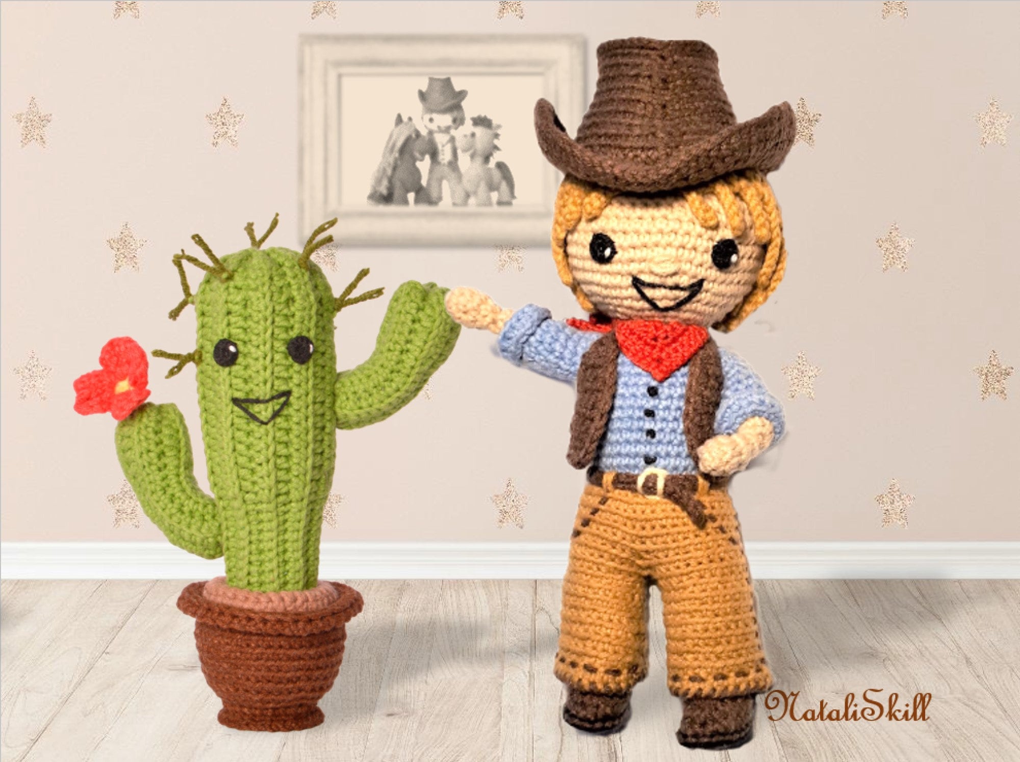 かぎ針編みのパターン。あみぐるみのサボテンと植木鉢。DIY かぎ針編み