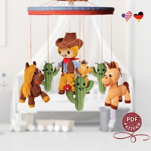 Mobile "Giovane Cowboy e i suoi amici". Mobile amigurumi per culla in stile cowboy. Schema all'uncinetto in PDF.