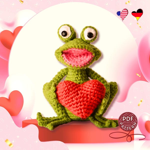 Crochet Frog Pattern: Amigurumi Frog, Heart, Bouquet (PDF Download)