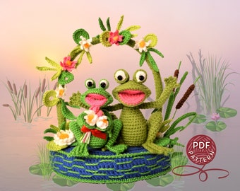 Crochet pattern. Amigurumi gift: Bridal arch and Frog couple. DIY crochet tutorial PDF.