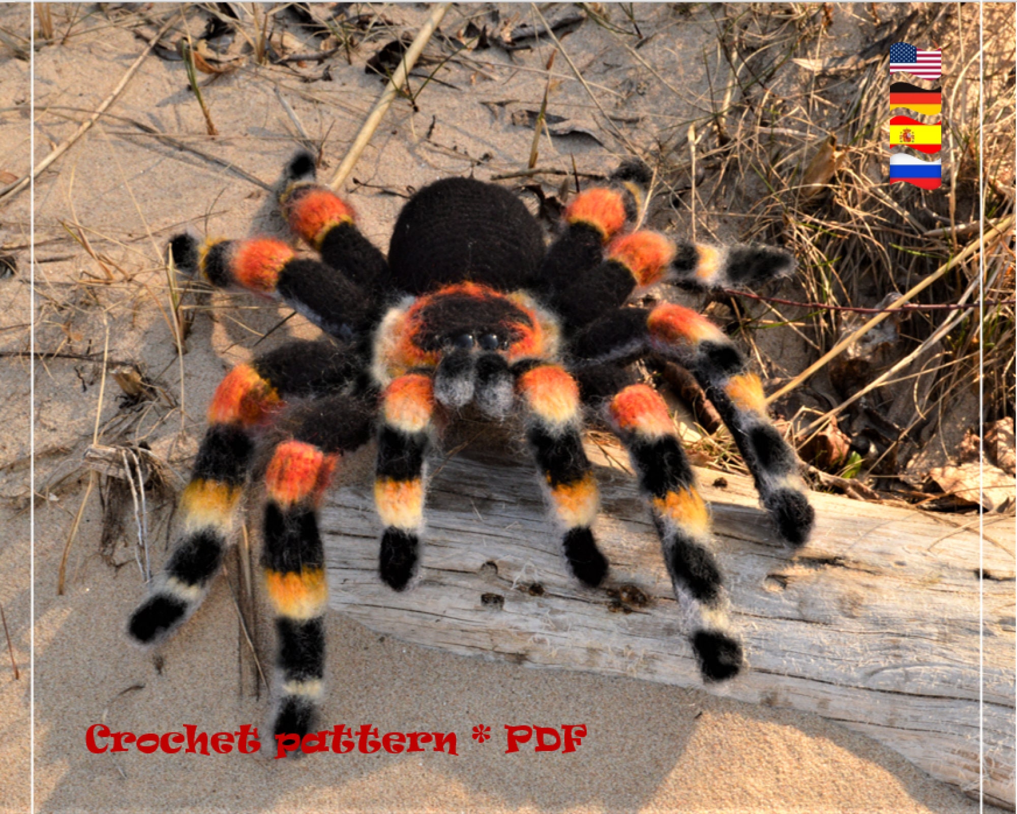 Mexican Red Knee Tarantula. Bird eating Spider. Crochet pattern. PDF.