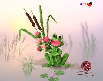 Crochet pattern. Amigurumi Frog with a bouquet of flowers. DIY crochet tutorial PDF.