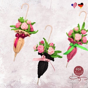 Crochet  Brooch Umbrella. Corsage – Umbrella Crochet Pattern. Pin Umbrella with the flowers.  Crochet  PDF tutorial.