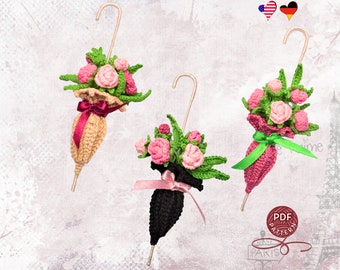 Crochet pattern. Amigurumi  Brooch Umbrella. Corsage Umbrella. Pin Umbrella with the flowers. DIY crochet tutorial PDF.