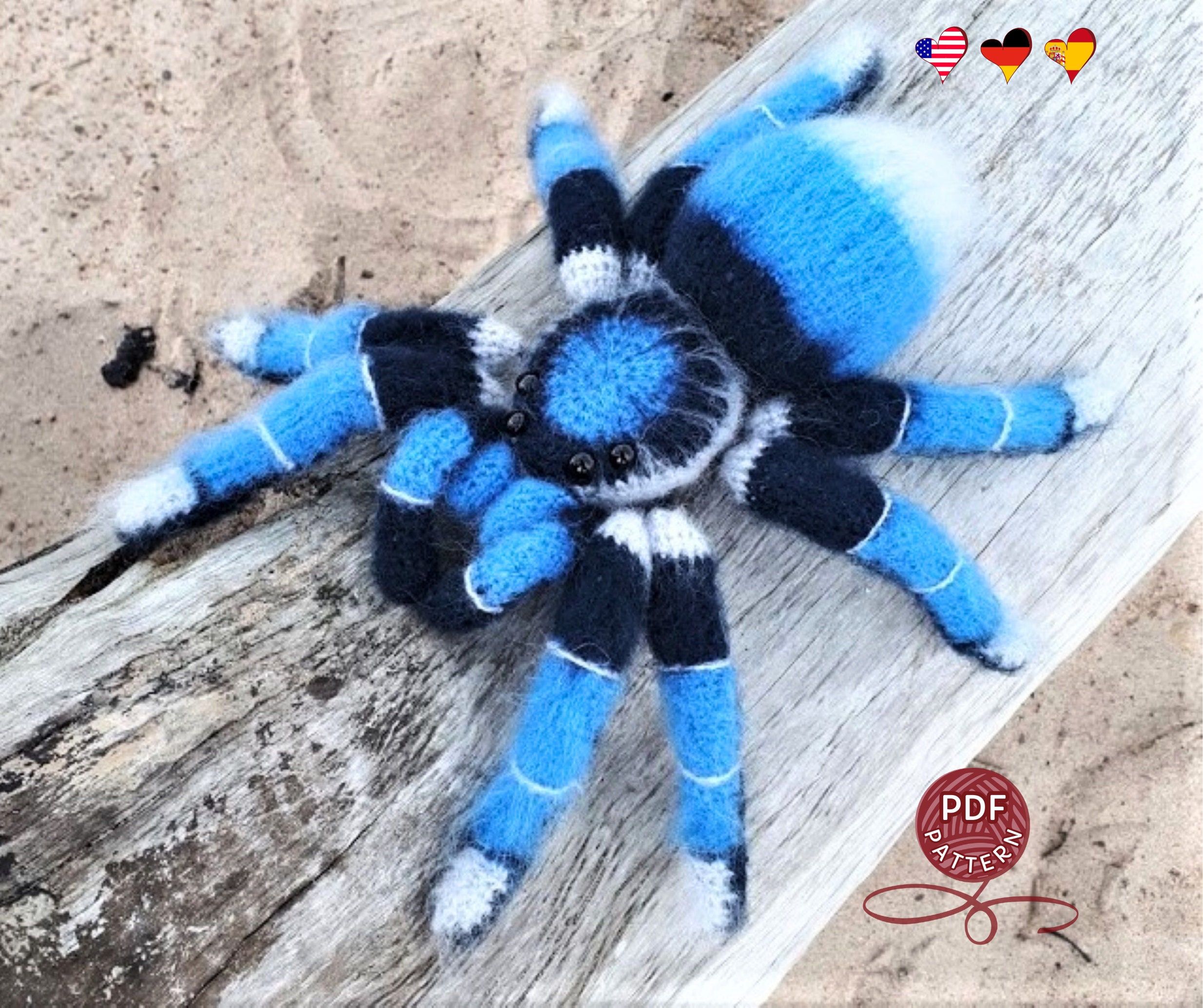 かぎ針編みのパターン。あみぐるみクモ。青いタランチュラ。DIY かぎ針