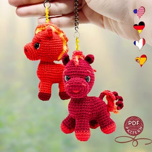 Fiery Foal amigurumi keychain. Crochet pattern of a Red Little Horse. PDF crochet tutorial.