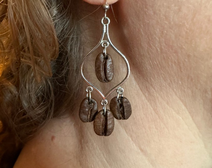 Chandelier Real Coffee Bean Dangle Earrings, Coffee Lover Gift, Coffee Lover Earrings, Sterling Silver Earrings, Hypoallergenic Earrings