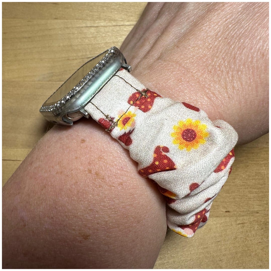 Apple or Garmin Organic Cotton Fabric Gnome Sunflower Scrunchie