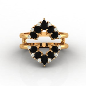 Black Onyx Ring Enhancer Yellow Gold Gothic Wedding Ring Guard Pear Cut Sunburst Ring, Alternative Bridal Set Jacket ring Double Curved ring