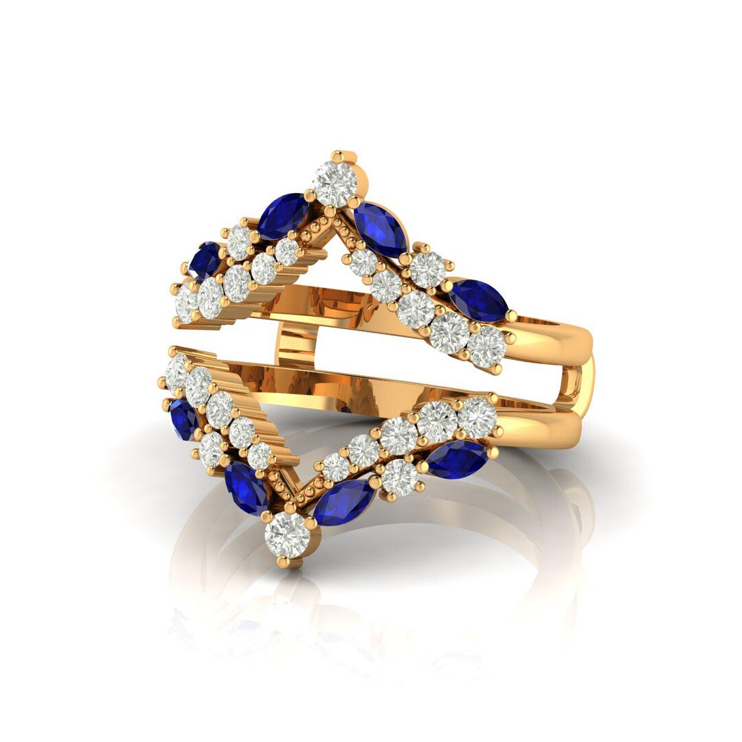 Art Deco Double Curved Weeding Band, Royal Blue Sapphire Ring, Delicate ...