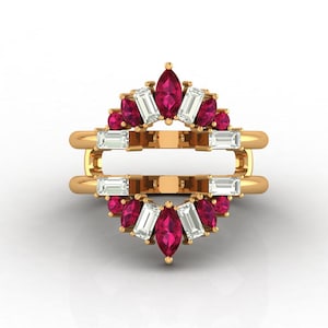 Rubin Marquise Cut Delikat ring Moissanit Baguette Dubbelstaplingsförstärkare Förlovningsring Omslag Vigselring Elegant flickvänspresent
