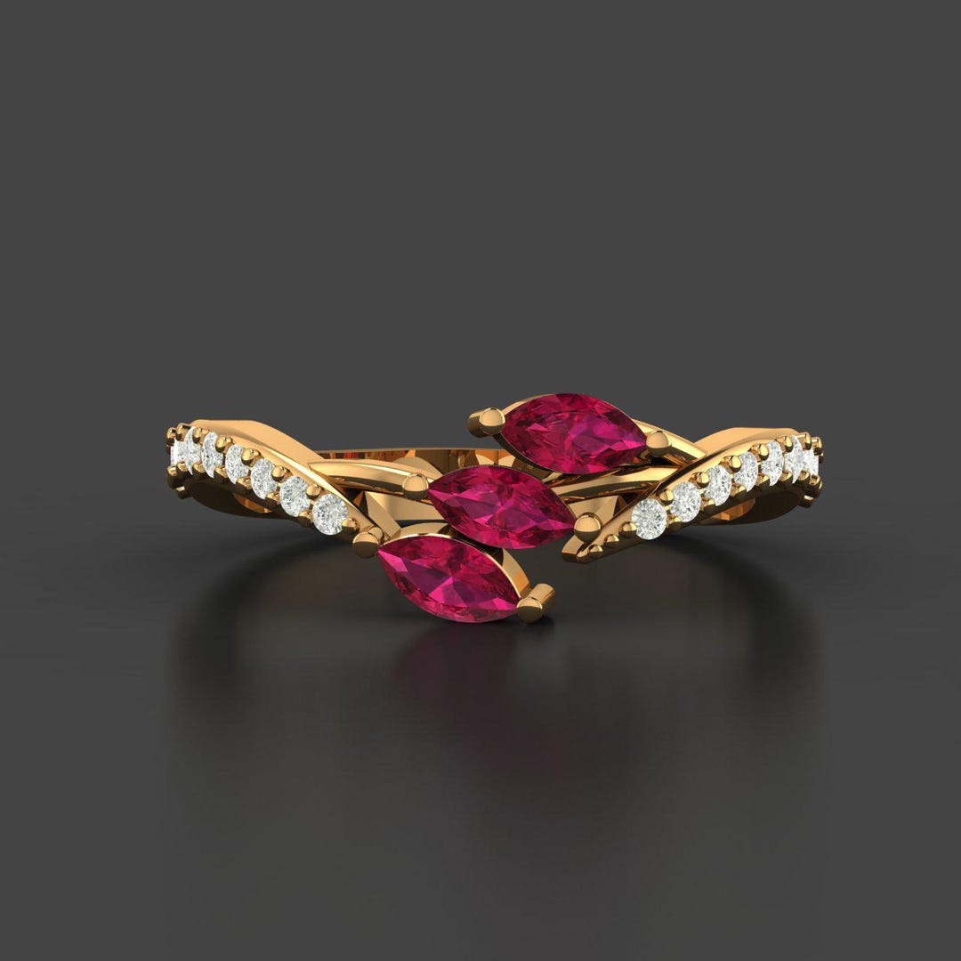 Art Deco Ruby Marquise Wedding Band Chevron Moissanite Ring July ...