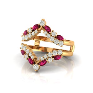 Chevron Unisex rubin Marquise Cut Gems Delikat ring Dubbelstaplande Enhancer Guard Förlovningsring Wraps Vigselring Elegant flickvänspresent
