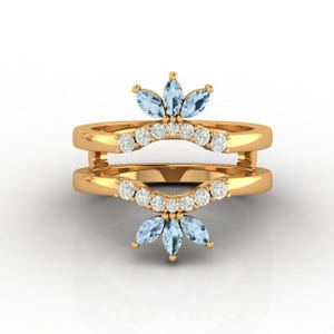Anillo Art Déco de aguamarina y diamantes, realzador de oro de 14 quilates para piedra natal de marzo personalizada, anillo doble curvo vintage, regalo de aniversario para ella.