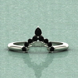 925 Sterling Silver Black Onyx Curved Engagement Ring, Wedding Curved Ring, Birthday Curved Ring, Crown Onyx Ring, Chevron Onyx Band Ring