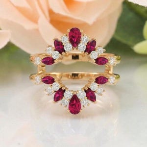 Enhancer Guard, 14K Rose Gold Double Curved Wedding Band Wrap, Pear Cut Ruby Jacket for Bridal Set Matching Jewelry Love Promise Anniversary