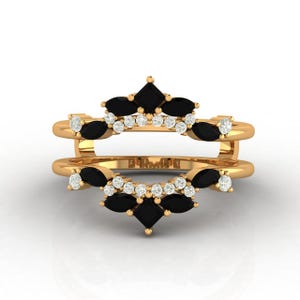 Dainty Double Curved Ring Guard, Minimalist Marquise Black onyx Tiara Ring Jacket ring Princess Cut Wrap Band, Simple Enhancer for Solitaire