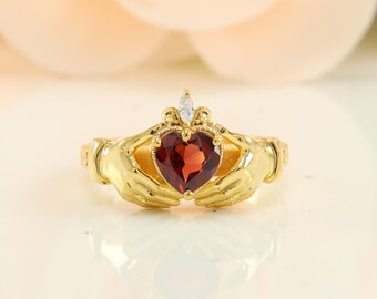 6mm Red Garnet Claddagh Celtic Gifted Engagement Ring, Claddagh silver Garnet Ring, Statement Band ring, Moissanite Claddagh Crown Jewelry
