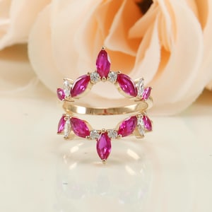 Curved Ruby Marquise double stackable Engagement ring Enhancer Guard Graduation gift her Proposal girlfriend ring Moissanite Art deco ring